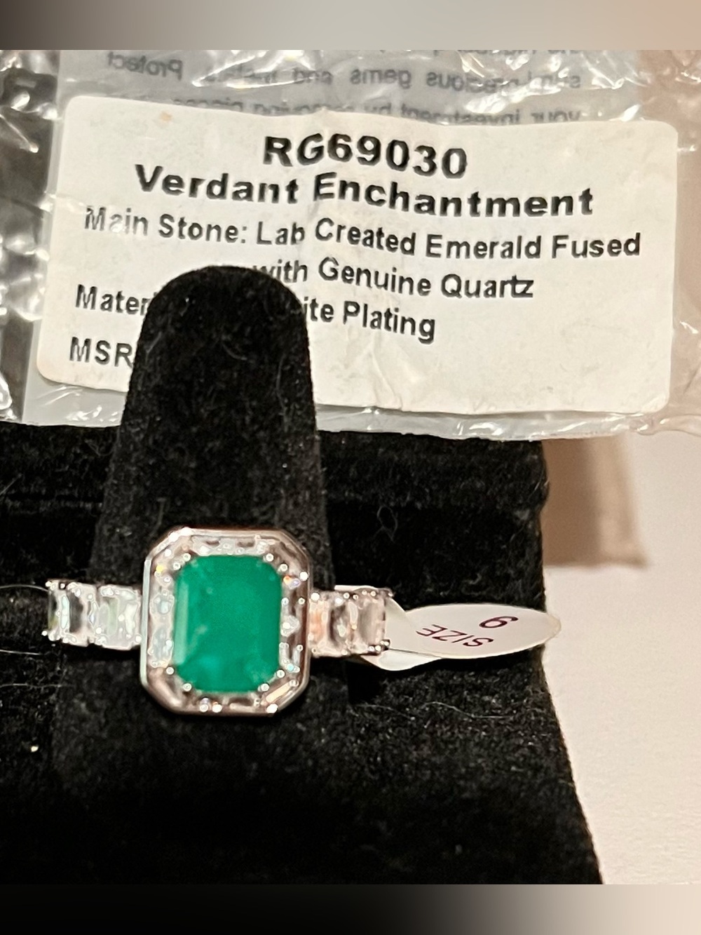 bp “Verdant Enchantment” Emerald fused Genuine Quartz on Rhodium Plating.